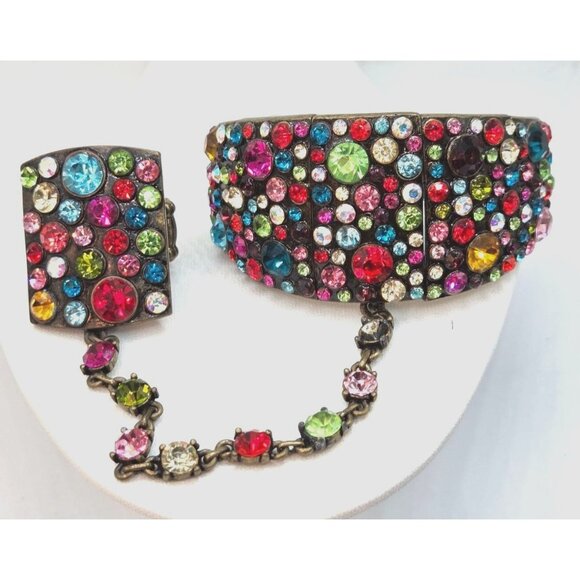 Multicolor Rhinestone Hand Chain Bracelet With Ring Attached Antique Gold-Tone A - Picture 1 of 5